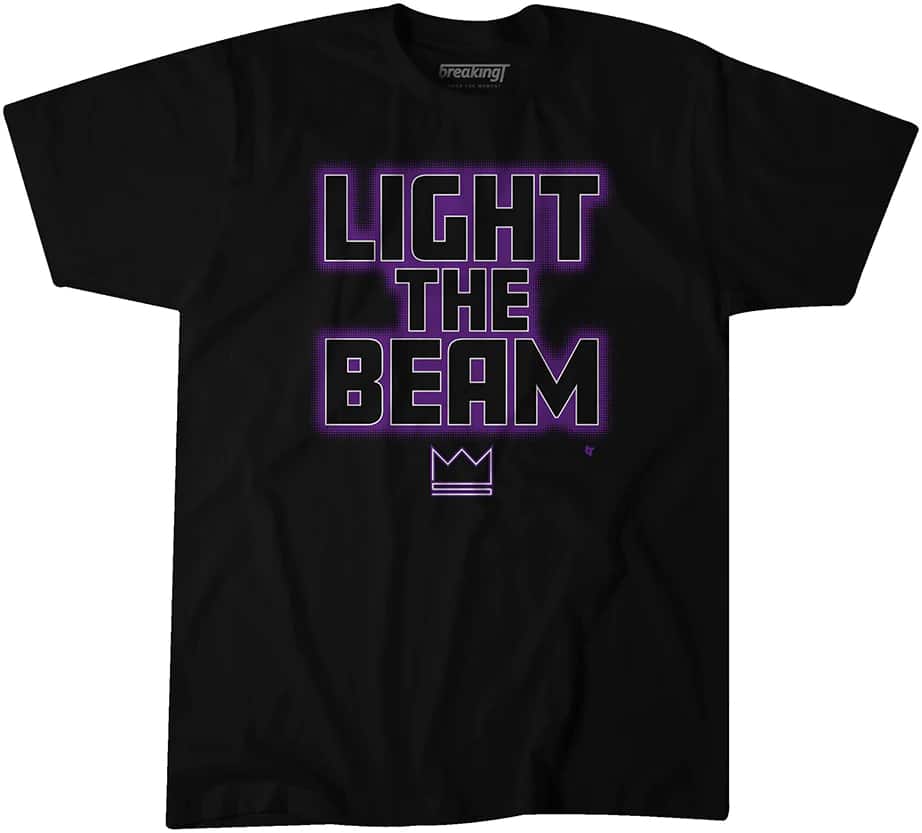 Black tee Light The Beam Shirt with purple lettering on a white background.