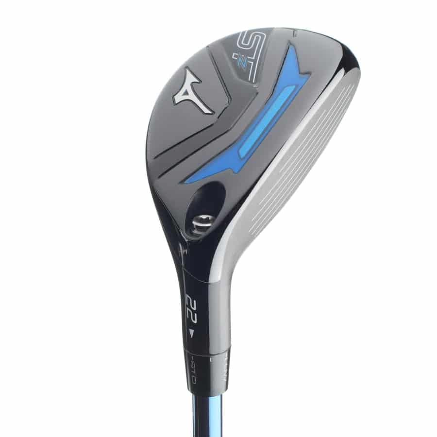 Black and blue colored Mizuno ST-Z 230 hybrid golf club on a white background. 