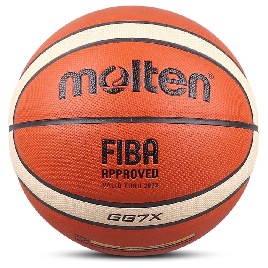 Orange and cream colored Molten GG7x official international game basketball on a white background. 