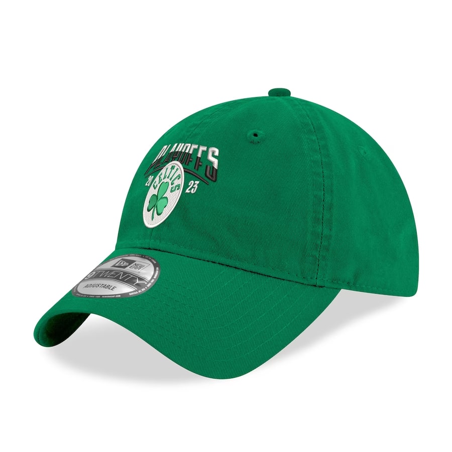 New Era 2023 NBA Playoffs merch 9TWENTY Adjustable Hat - green colorway on white background.