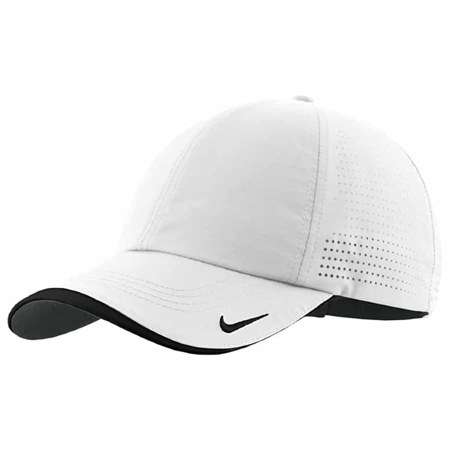 White Nike dri fit swoosh golf hat on a white background.