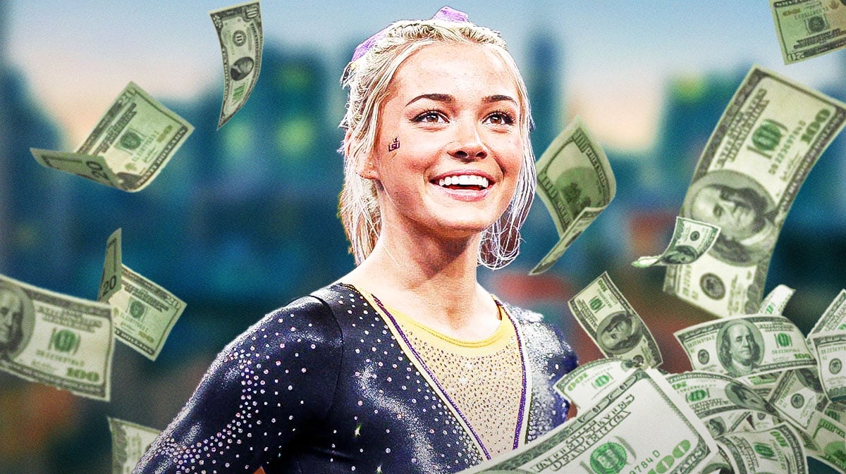 Olivia Dunne surrounded by piles of cash.
