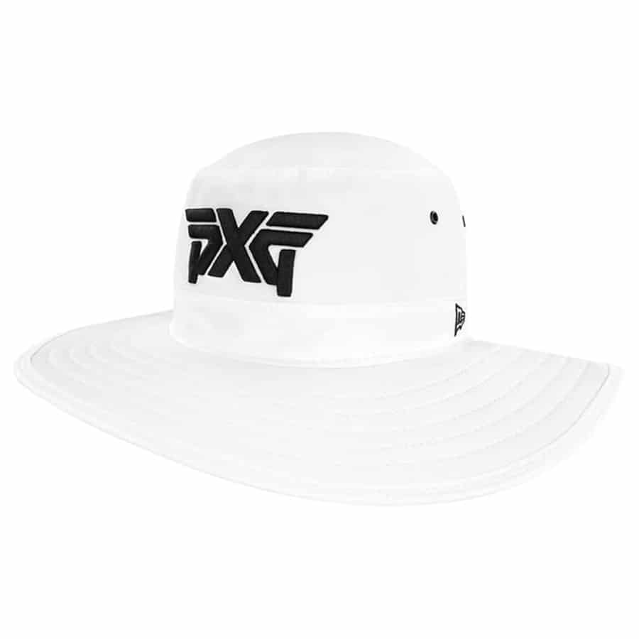 White had with bold black logo lettering PXG Prolight Bush Hat on a white background.