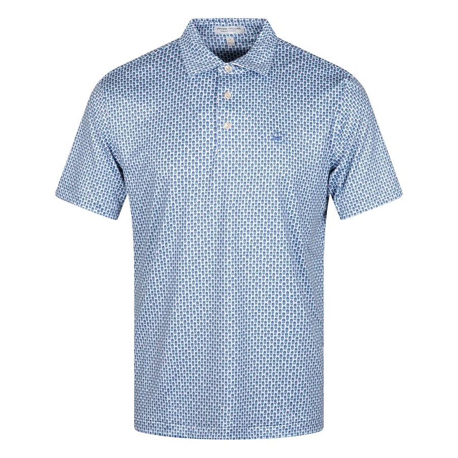 Blue colorway Peter Millar Pina Skullada Performance Polo on a white background.