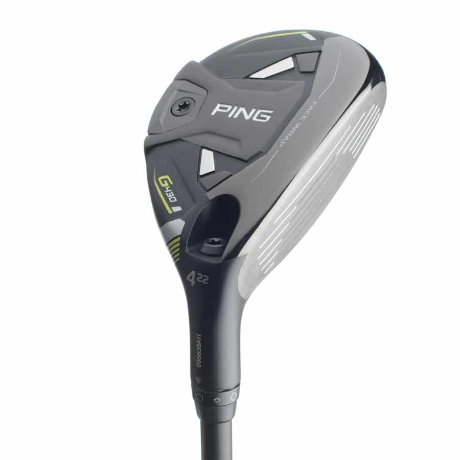 Gunmetal grey with neon green accent colors Ping G430 Hybrid golf club on a white background.