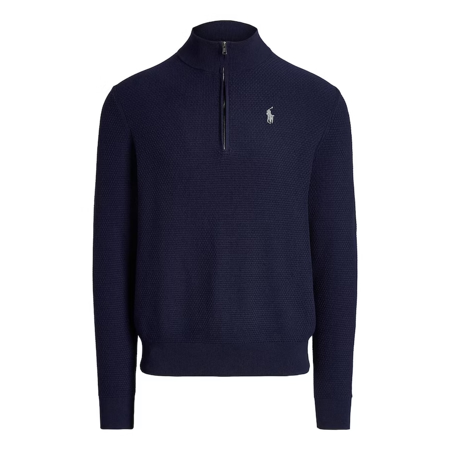 Navy colored Polo Ralph Lauren Quarter-Zip Pullover on a white background. 