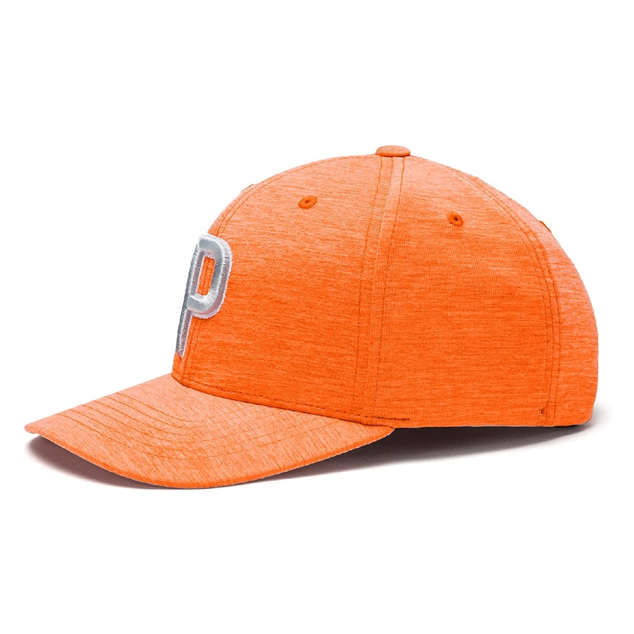 Vibrant orange colored Puma golf hat on a white background. 