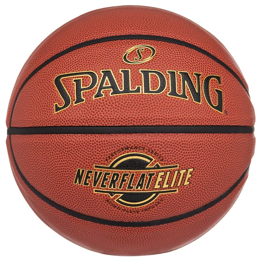 An orange Spalding Neverflat Elite basketball on a white background.