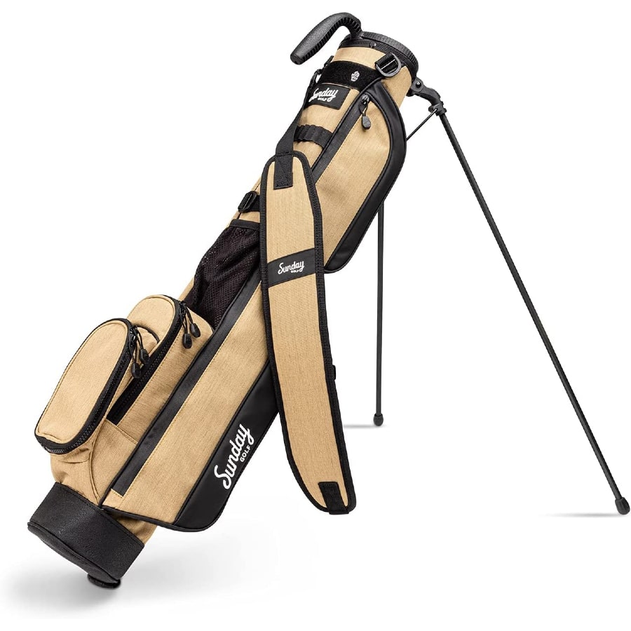 Beige colored Sunday Golf Loma golf bag on a white background.