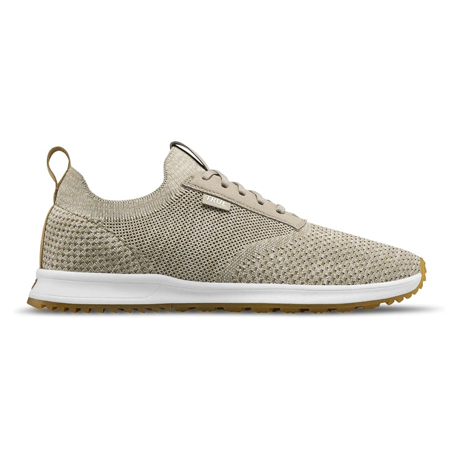 Cobblestone colored TRUE linkswear All Day Knit II Golf Shoes on a white background.