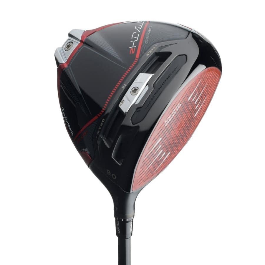 Black and red TaylorMade Stealth 2 driver on a white background.