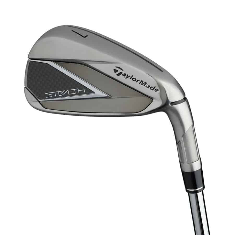 TaylorMade Stealth irons on a white background and gunmetal colorways.