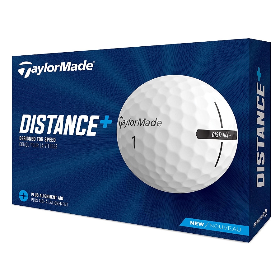 TaylorMade distance+ golf balls in a packaged set on a white background.