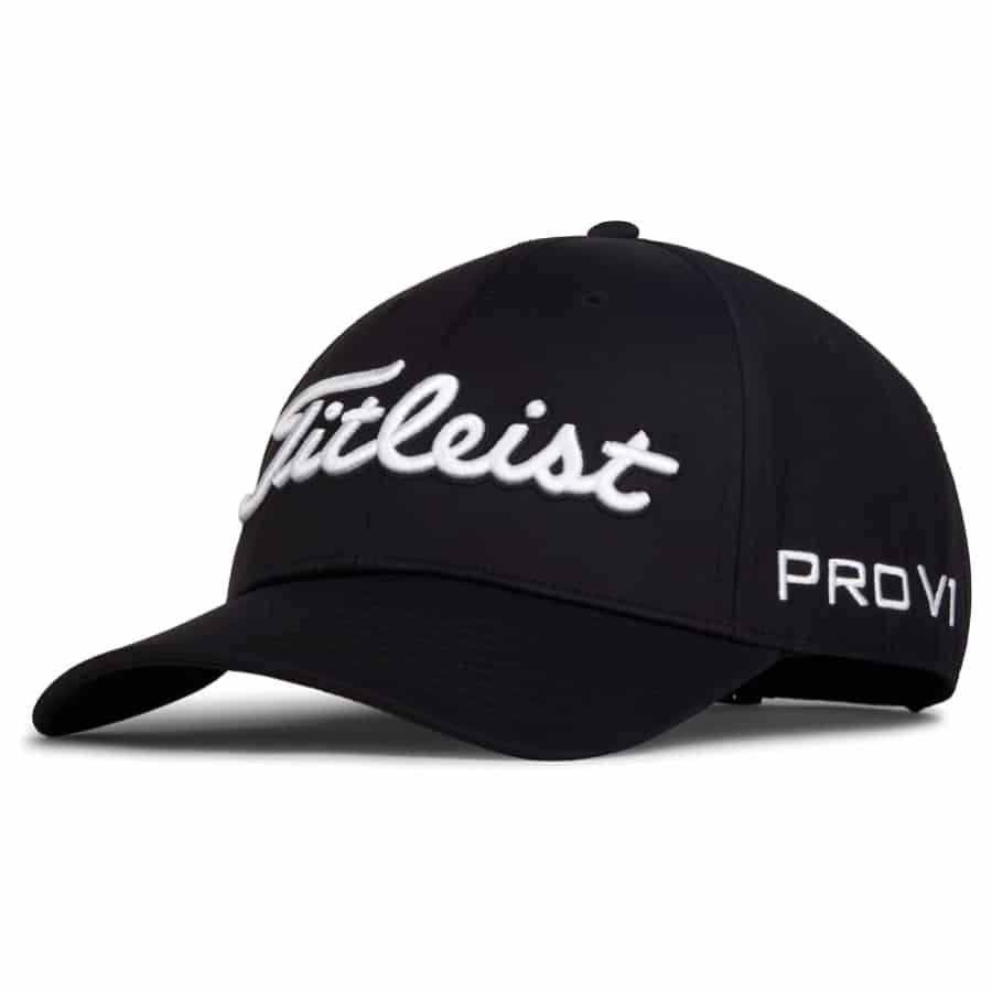 Black colored with white lettering Titleist Men's Tour Performance Golf Hat on a white background.