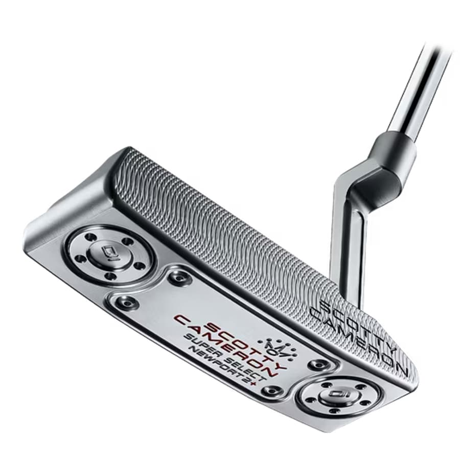 Chrome plated Titleist Scotty Cameron Super Select putter on a white background.