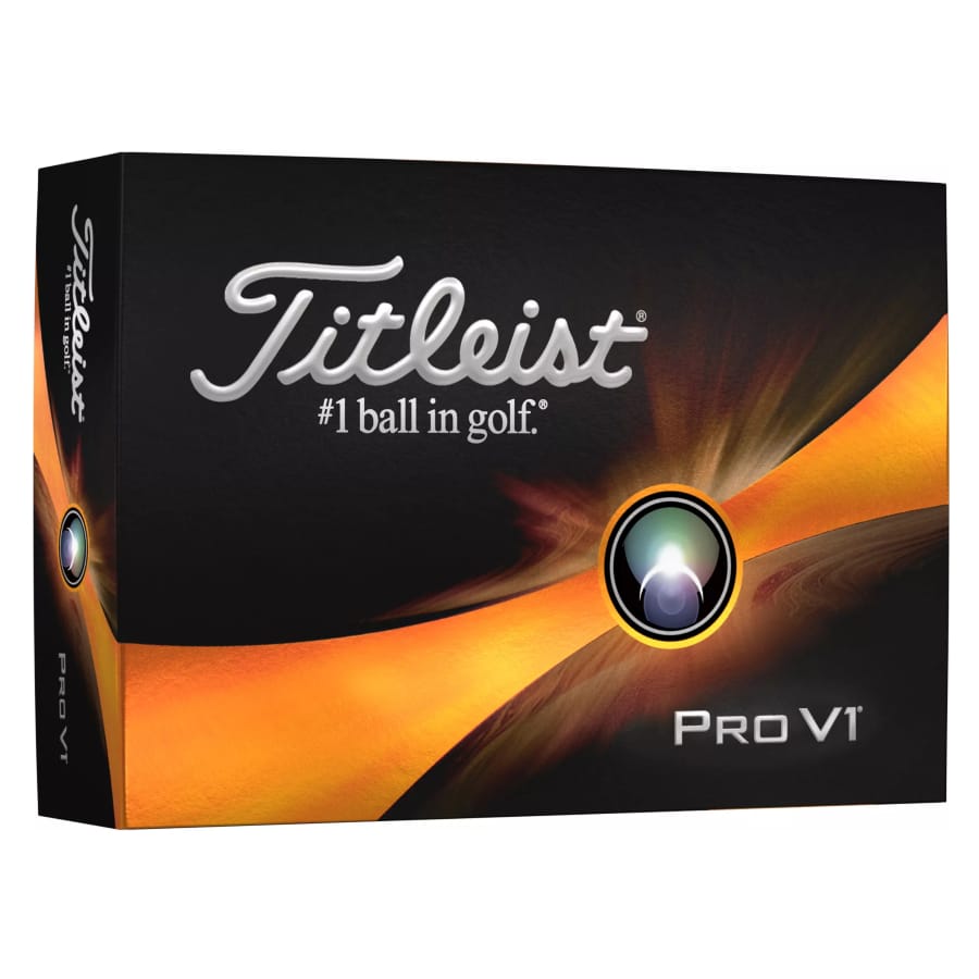 Titleist pro v 1 golf balls in a box set on a white background.