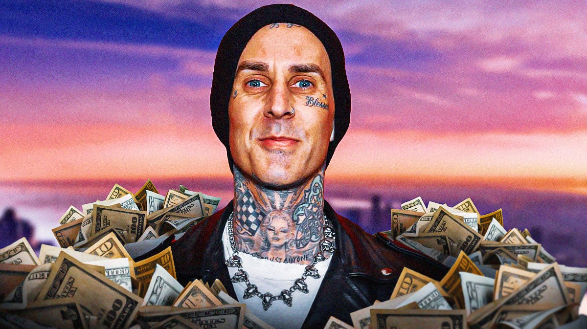 Travis Barker surrounded by piles of cash.