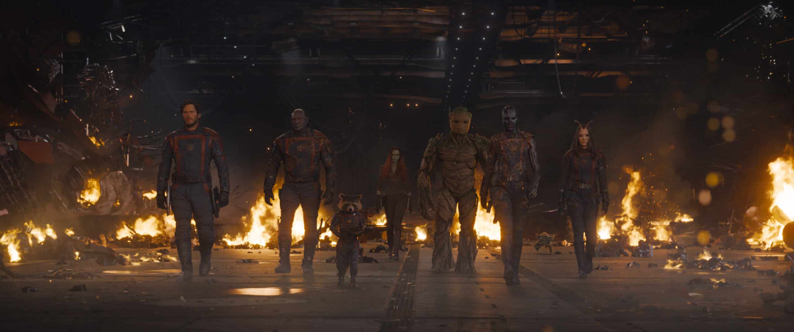 Peter Quill (Chris Pratt), Drax (Dave Bautista), Rocket (Bradley Cooper), Gamora (Zoe Saldaña), Groot (Vin Diesel), Nebula (Karen Gillan), Mantis (Pom Klementieff) in Guardians of the Galaxy Vol. 3