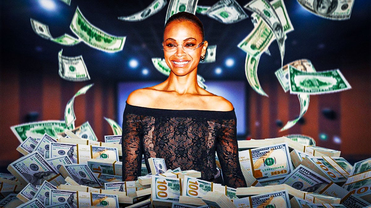 Zoe Saldana surrounded by piles of cash.