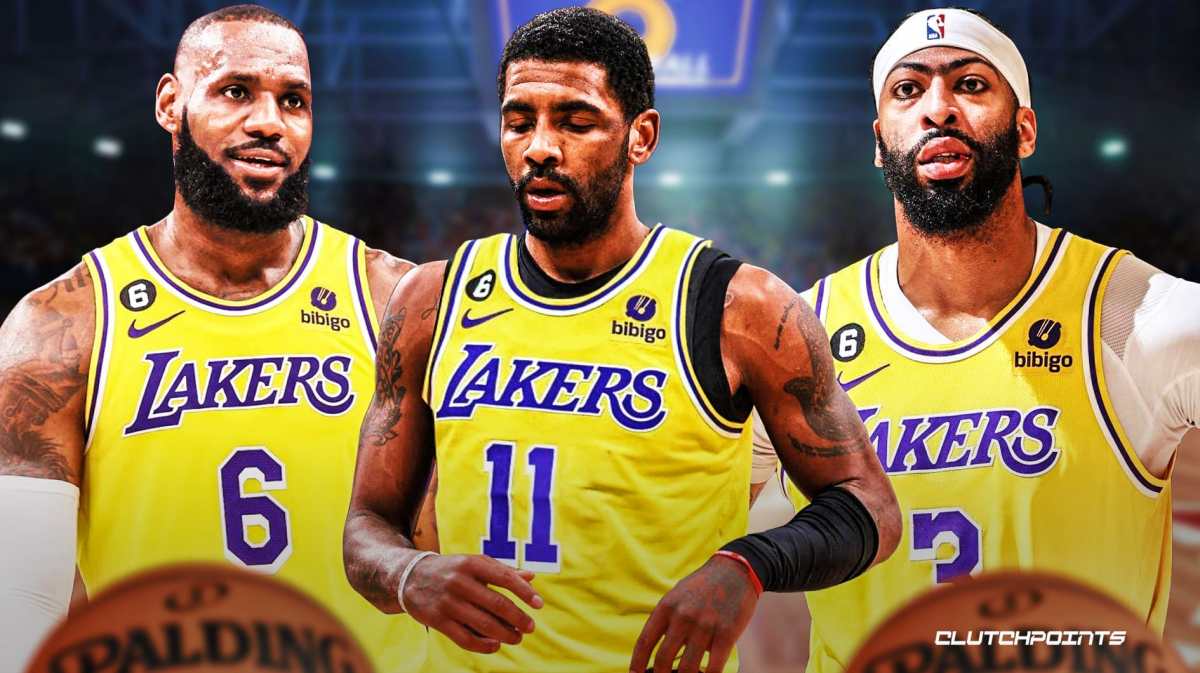 LeBron James, Anthony Davis and Kyrie Irving in a Lakers uniform