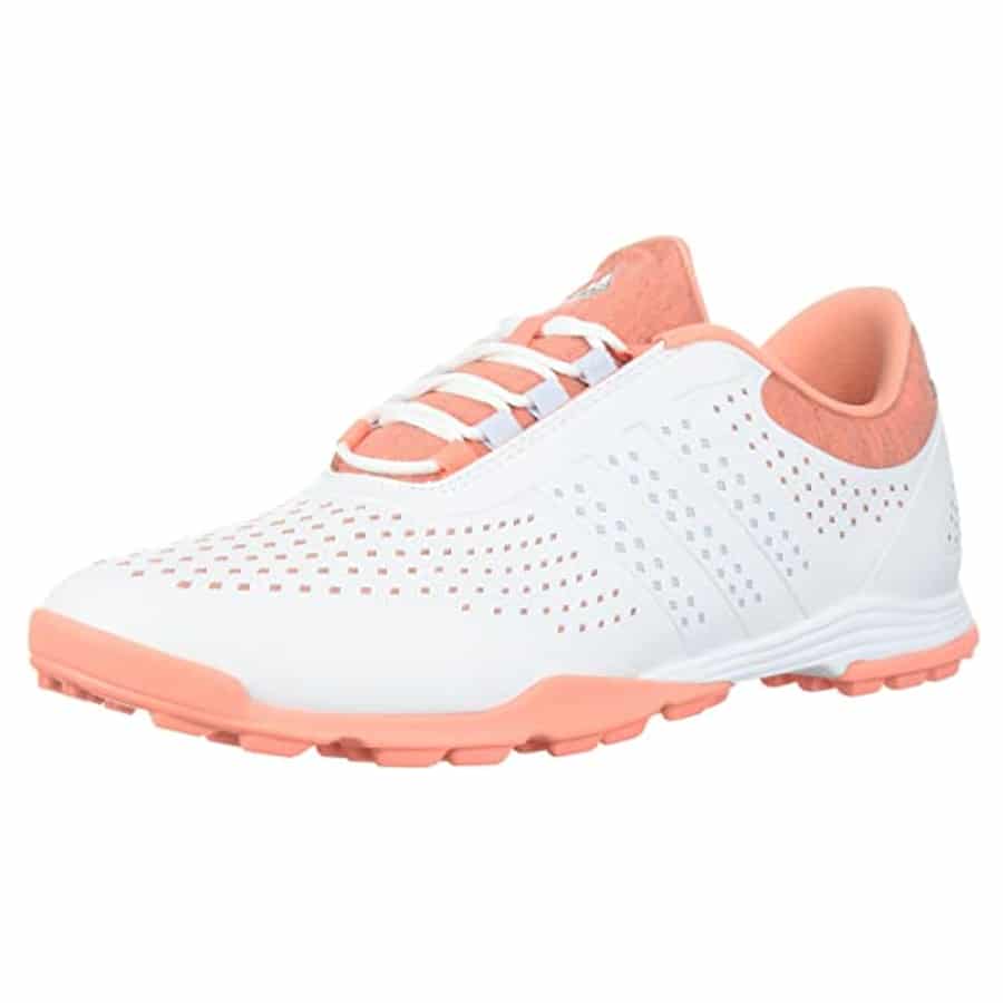 Adidas Women's Adipure Sport golf shoes - White/Pink colorway on a white background.