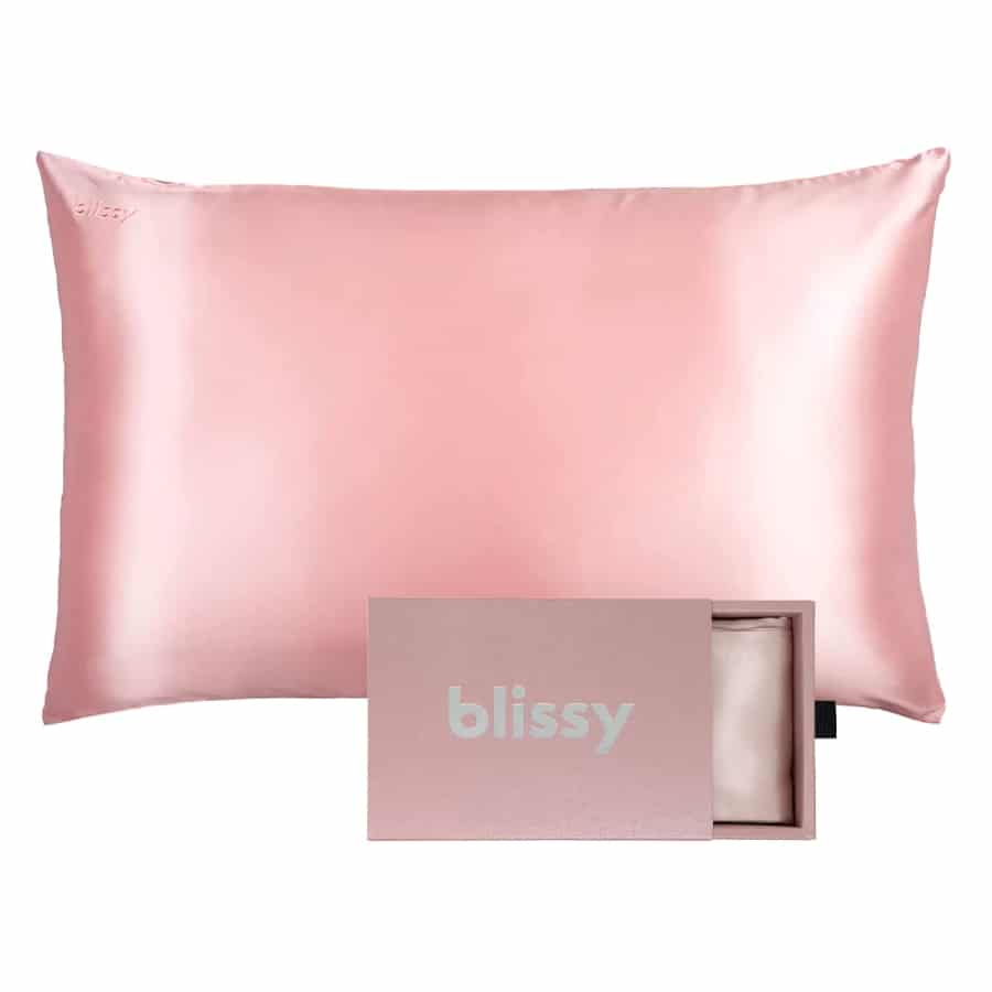 Blissy Silk Pillowcase - 100% Mulberry silk pillowcase (Pink) colored on a white background.
