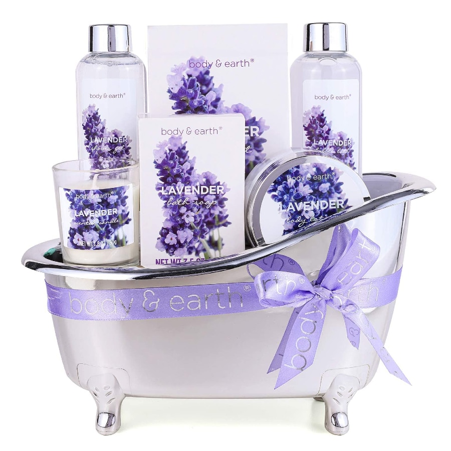 Body and Earth spa gift basket display on a white background.
