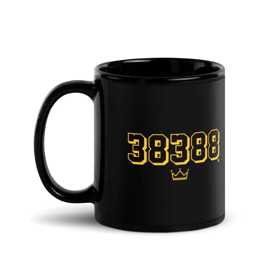 BreakingT Points King Mug - Black colorway with yellow lettering on a white background.