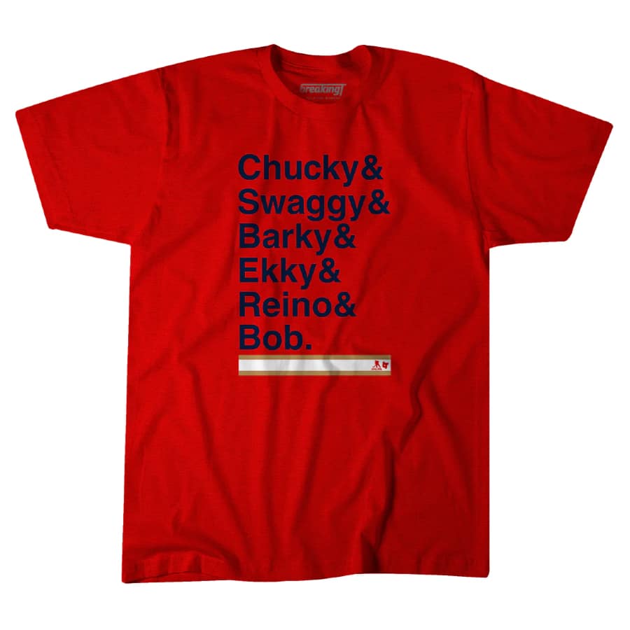 Chucky & Swaggy & Barky & Ekky & Reino & Bob t-shirt - Red colored on a white background.