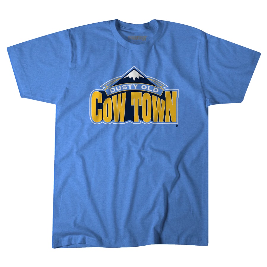 Cow Town tshirt - blue color on a white background.