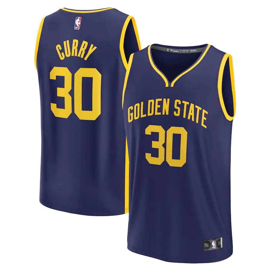 Curry Fanatics 22 23 Fast Break Replica Jersey - Statement Edition - Navy on a white background.