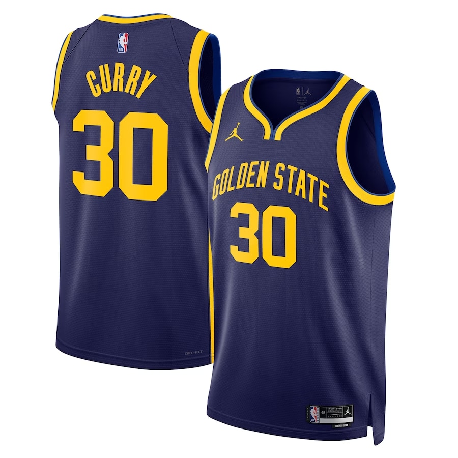Curry Jordan Brand 22 23 Statement Edition Swingman Jersey - Navy jersey on a white background.