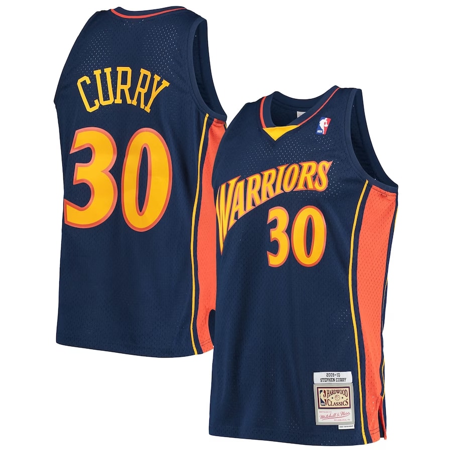 Curry Mitchell & Ness 09-10 Hardwood Classics Swingman Player Jersey - Navy on a white background.