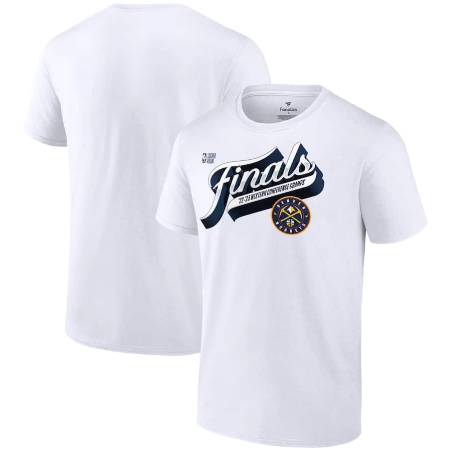 Denver Nuggets 2023 Western Champions Locker Room T-Shirt - White colored on a white background.
