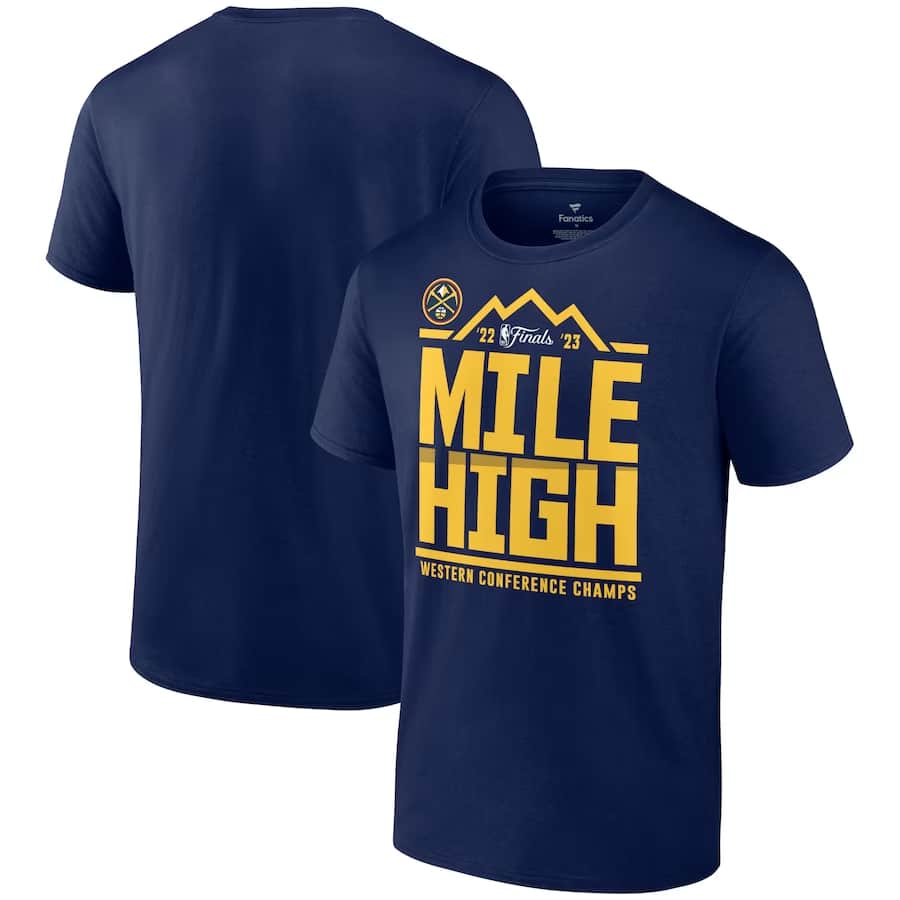 Denver Nuggets 2023 Western Champions hometown t-shirt - Navy colored on a white background.