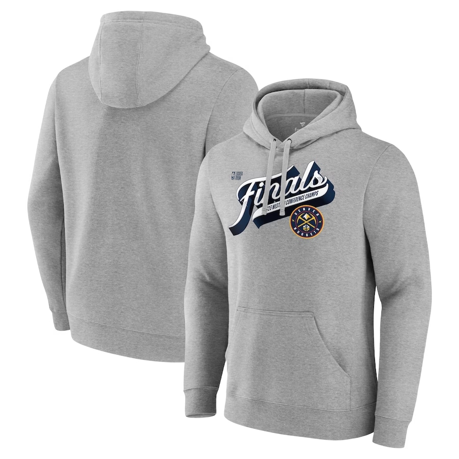 Denver Nuggets '23 Western Champions locker room hoodie - Heather Gray on a white background.