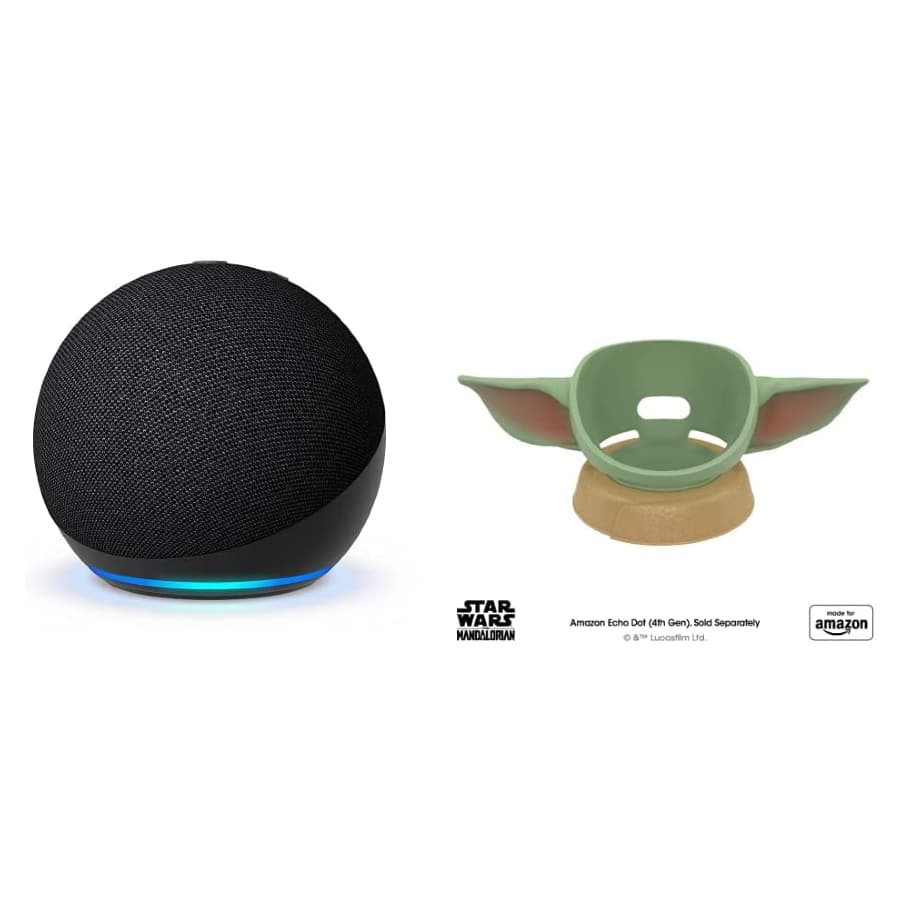 Echo-Dot Baby Grogu Stand next to an Echo Dot on a white background image.
