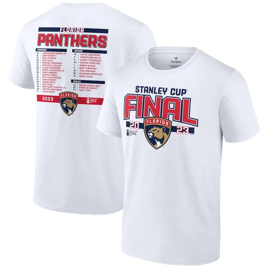 Florida Panthers 2023 Stanley Cup Final roster t-shirt - White colored on a white background.