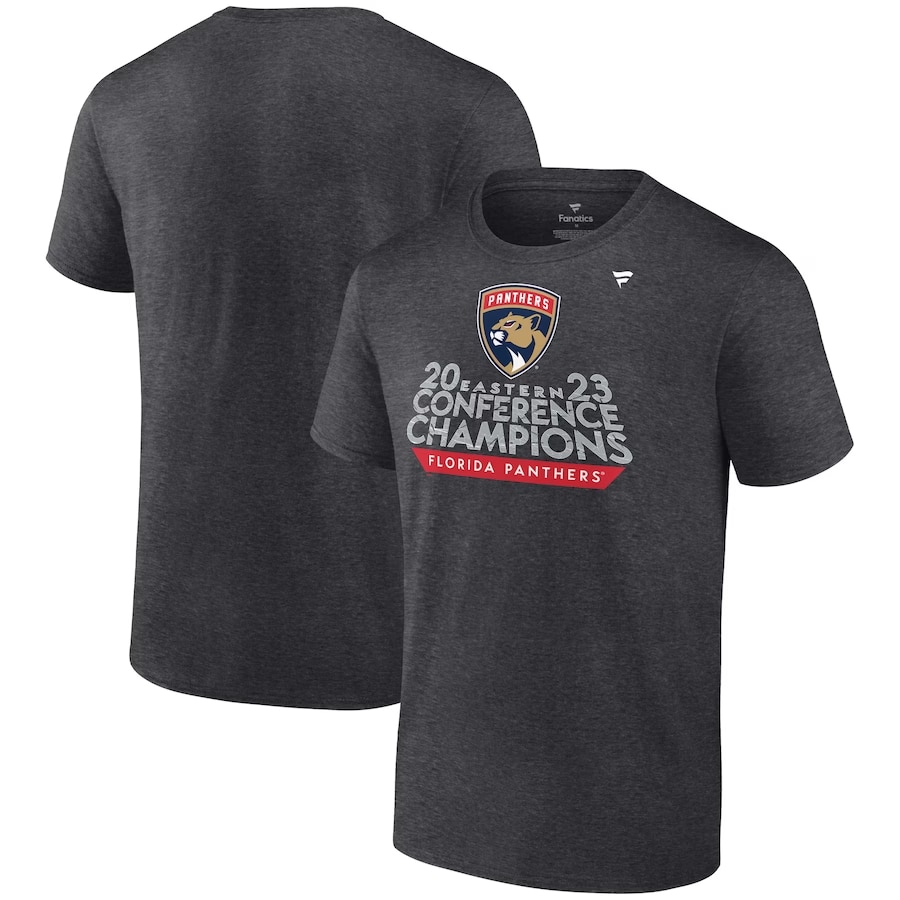 Florida Panthers '23 Eastern Champions locker room t-shirt - Heather charcoal color on a white background.