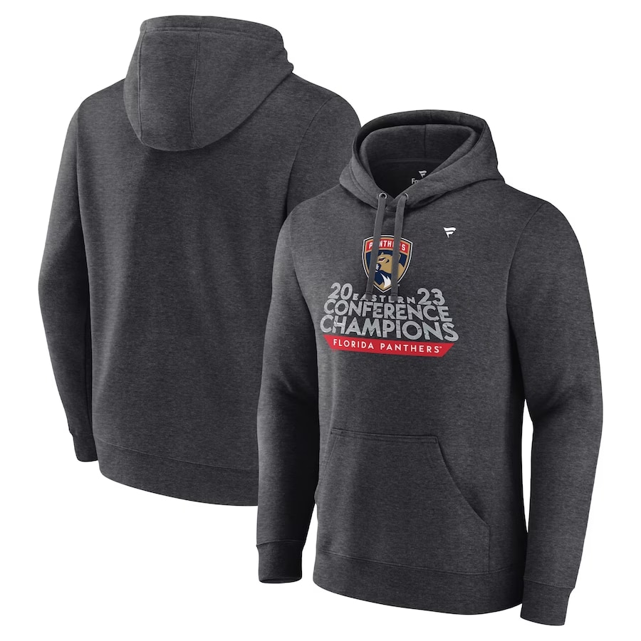 Florida Panthers '23 Eastern Champs locker room hoodie - Heather charcoal color on a white background.