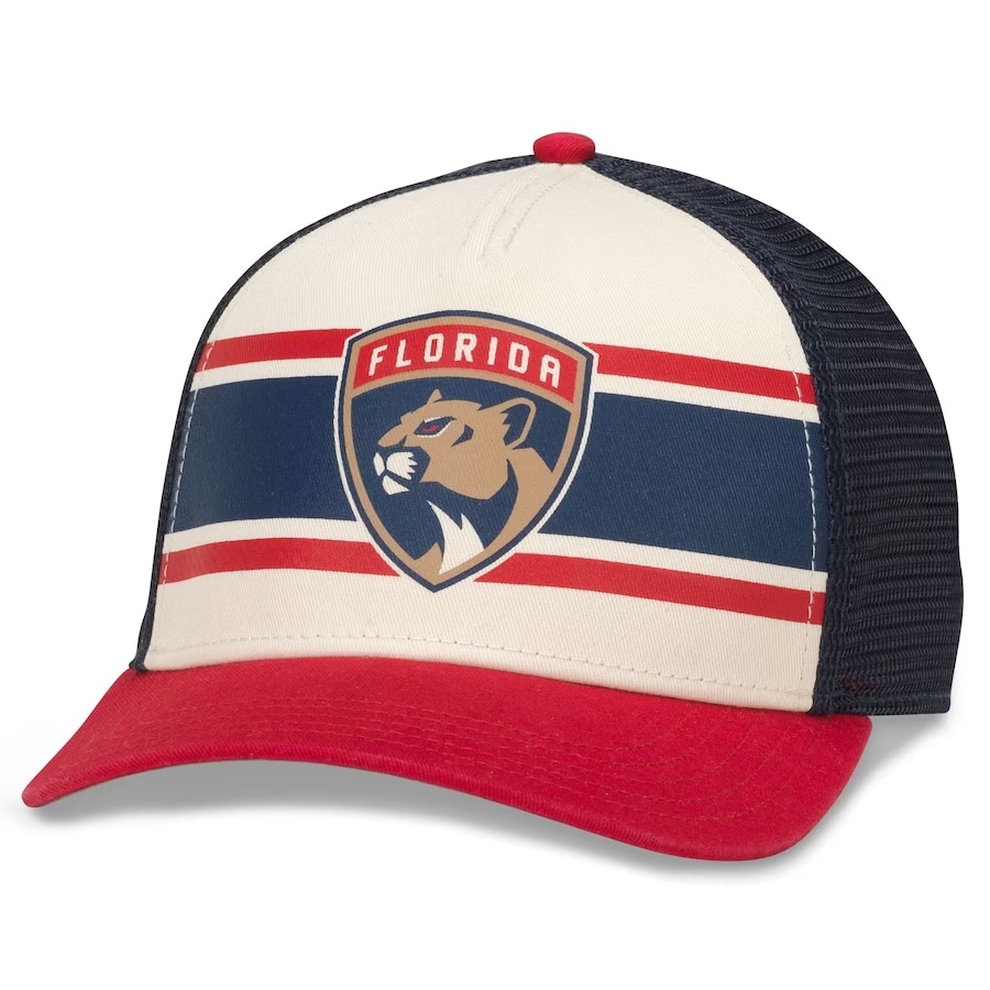 Florida Panthers American Needle trucker snapback hat - Cream/Red colorway on a white background.