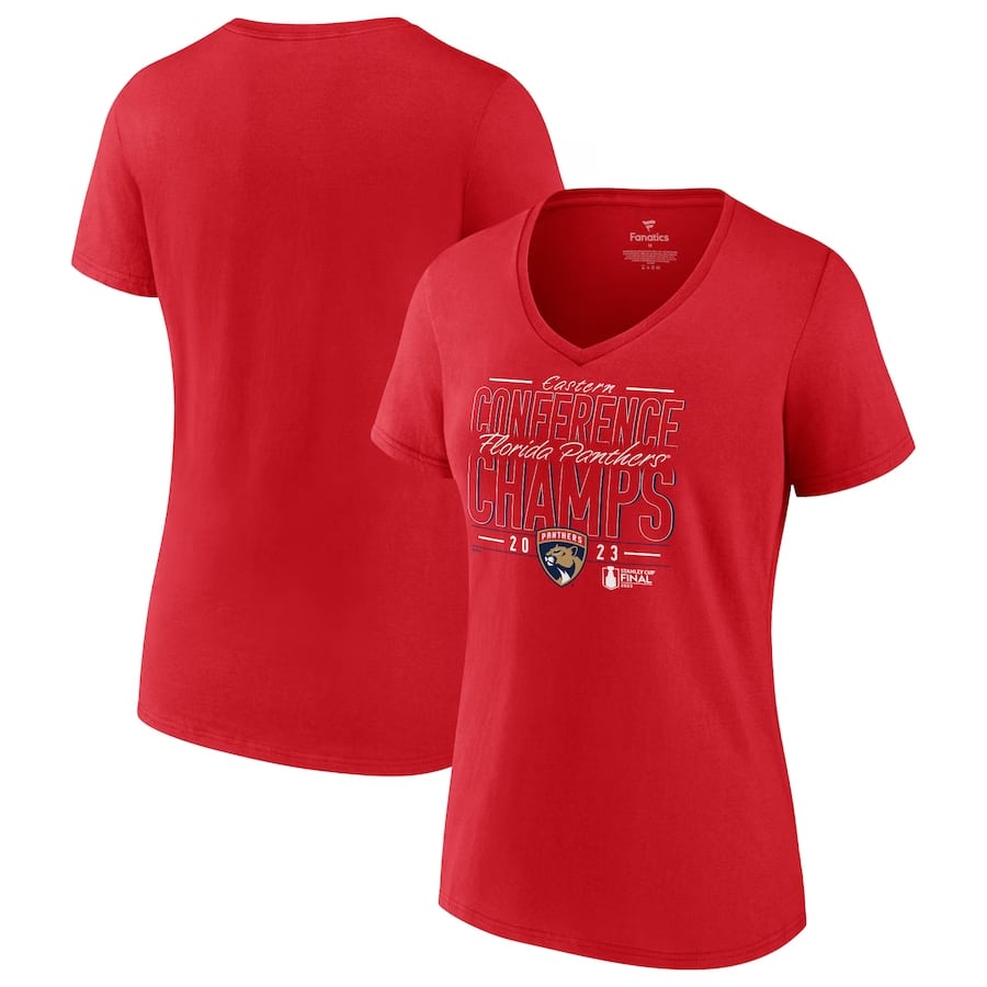 Florida Panthers Women's 2023 Eastern Champions v-neck t-shirt - Red colored on a white background.