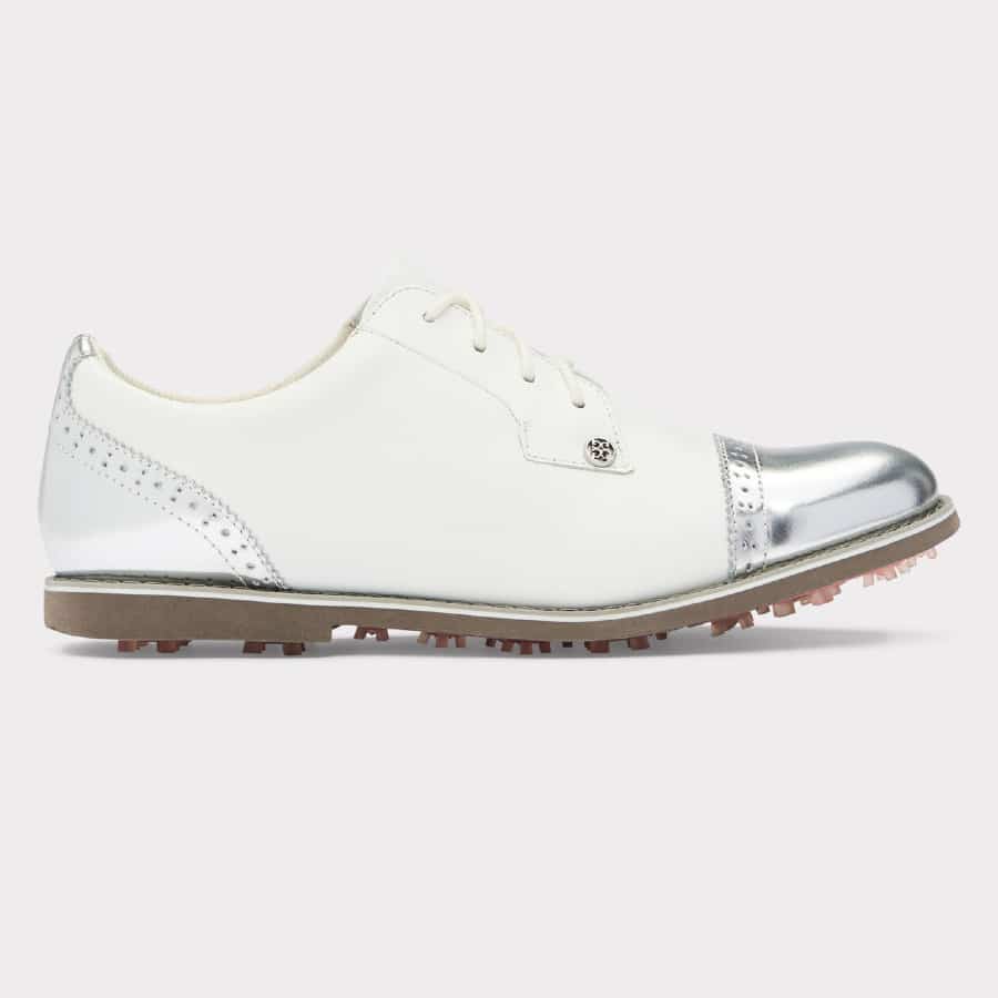 G/Fore Women's cap-toe Gallivanter - White/Silver colorway on a gray background.