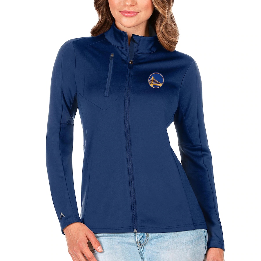 Golden State Warriors Antigua Women's Generation Full-Zip Jacket - Navy colorway on a white background.