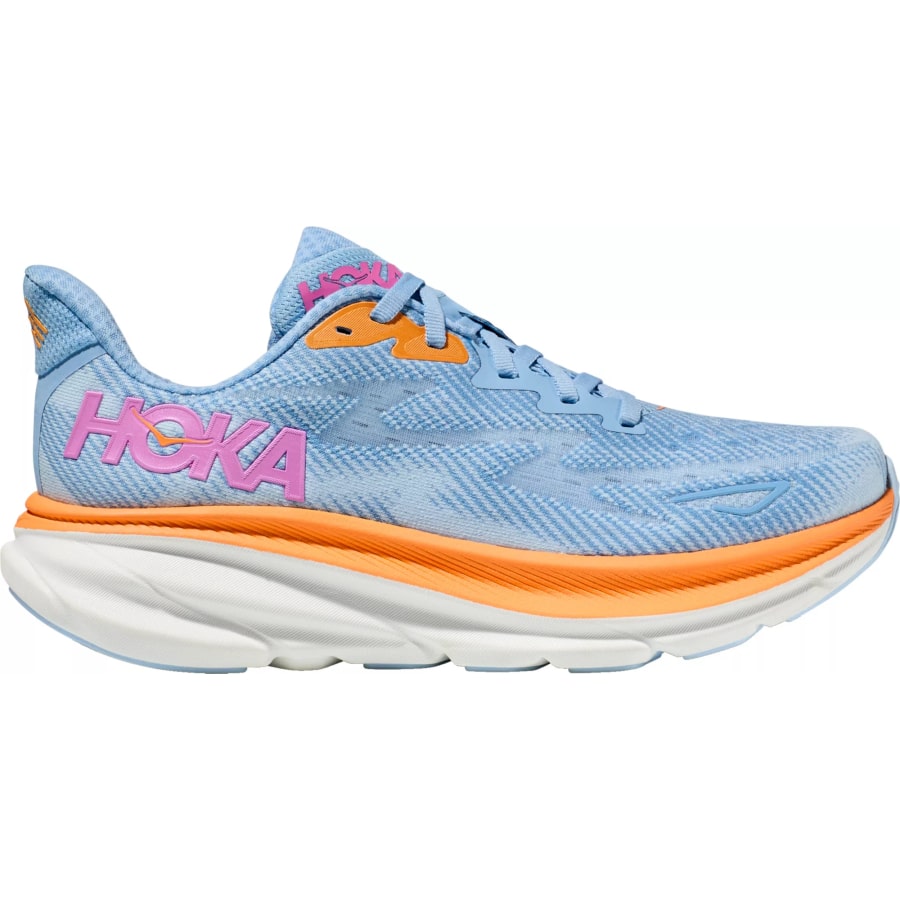 HOKA Women's Clifton 9 Running Shoes in an airy blue colorway on a white background. 