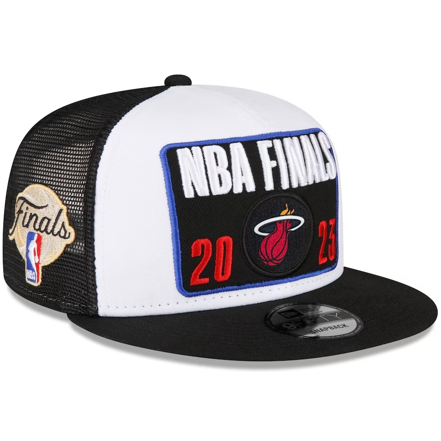Heat New Era 2023 Eastern Champs locker room snapback hat - White/Black colorway on a white background.