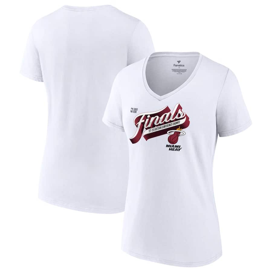 Heat Women's 2023 Eastern Champs locker room v-neck t-shirt - White colored on a white background.