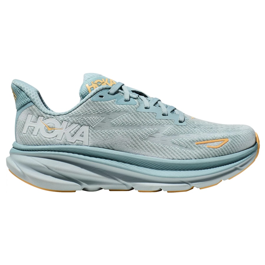 Hoka Clifton 9 running shoe in cloud blue colorway on a white background.