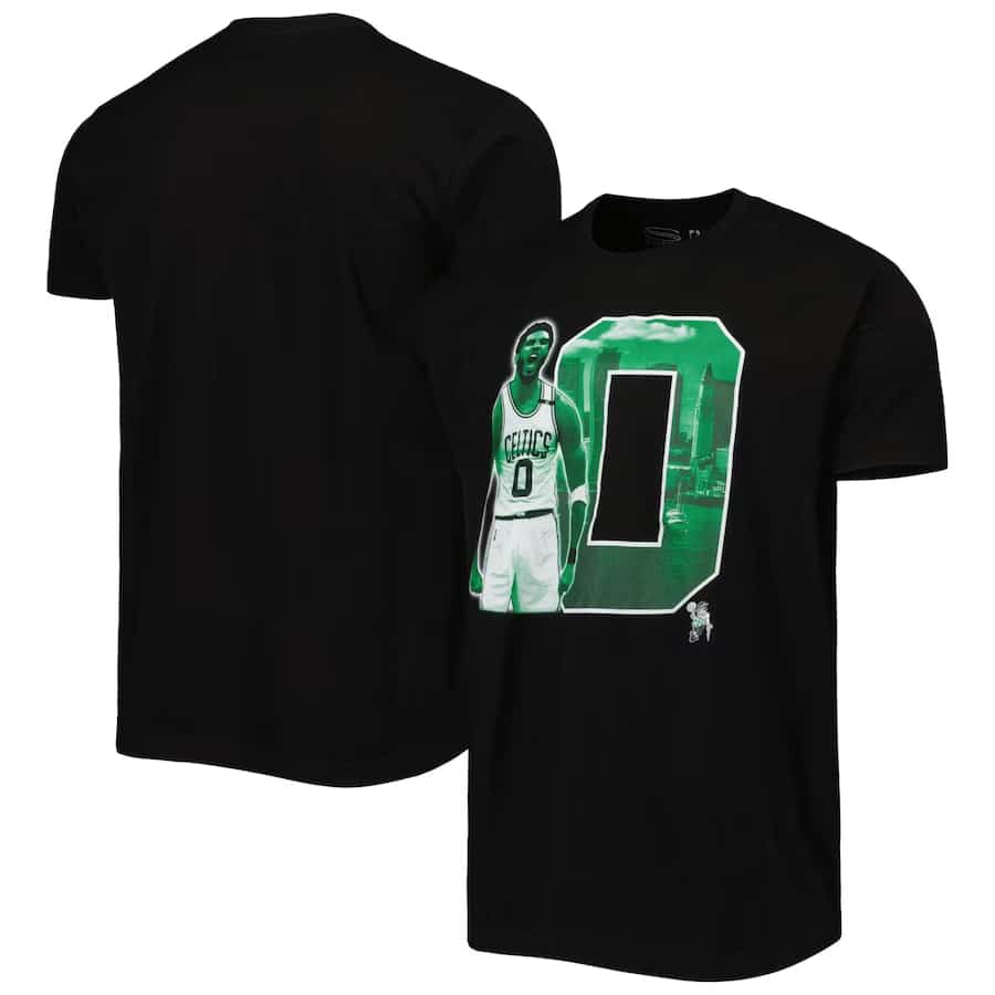 Jayson Tatum Boston Celtics unisex player skyline t-Shirt - Black colored on a white background.