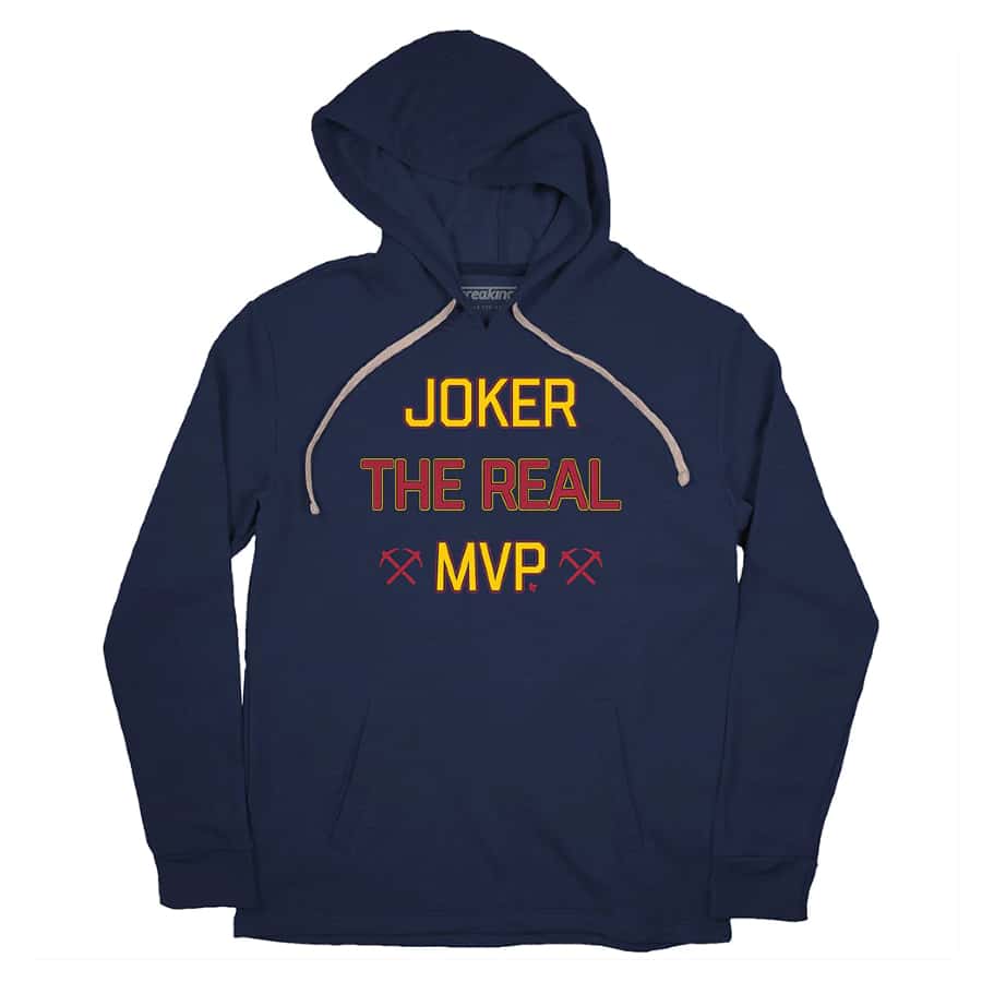 Joker: The Real MVP hoodie - Navy blue color on a white background.